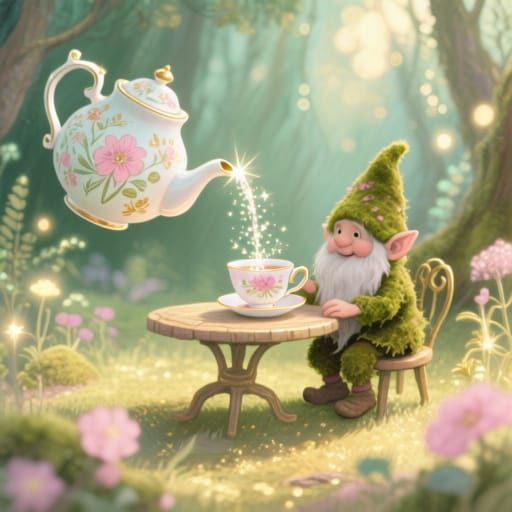 Sentient Teapot Pours Stardust for Gnome in Forest Clearing