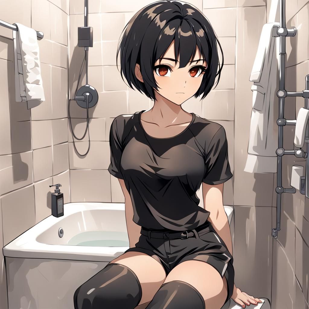 Anime Woman with Black Hair Sitting in Bathroom