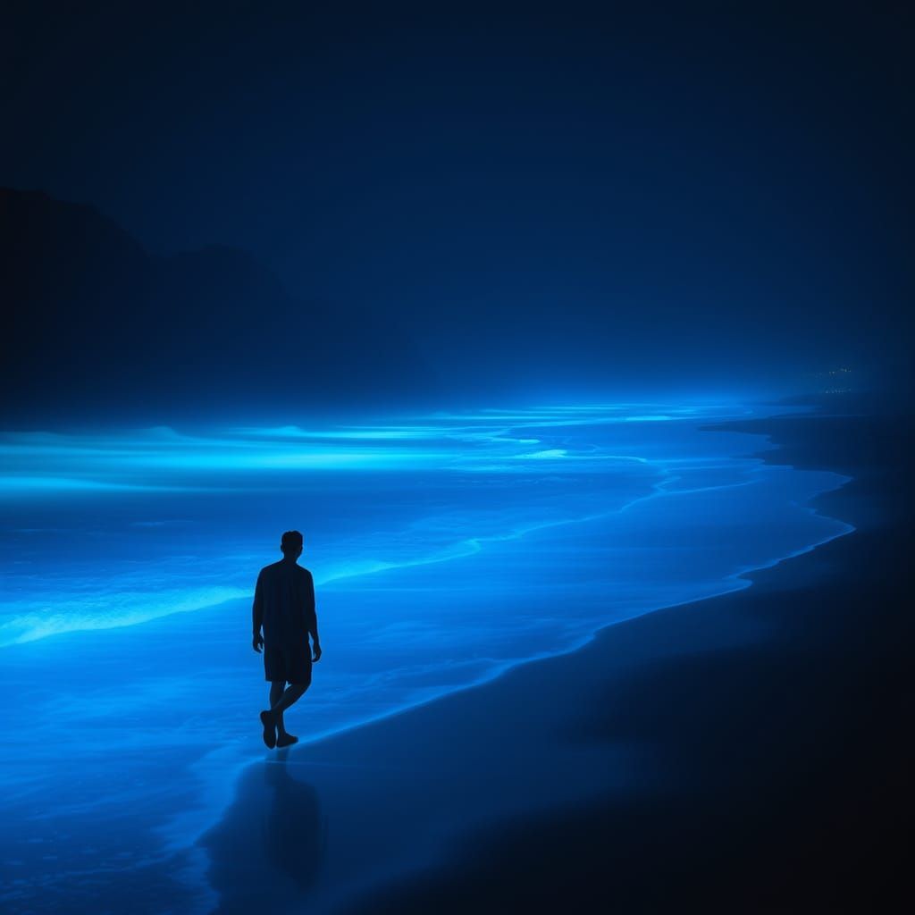 Bioluminescent Shoreline at Night in Film Noir Style