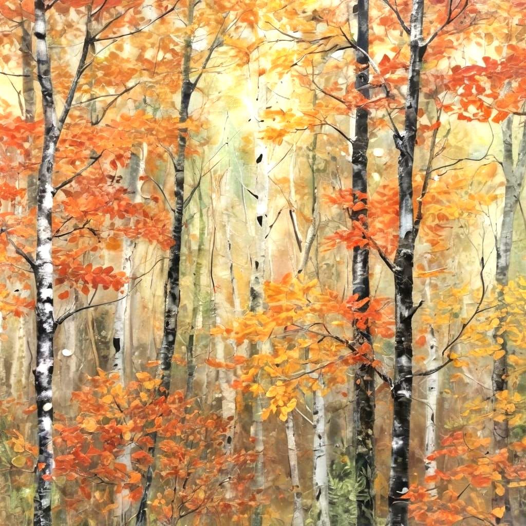 Encaustic Autumn Forest with Falling Leaves