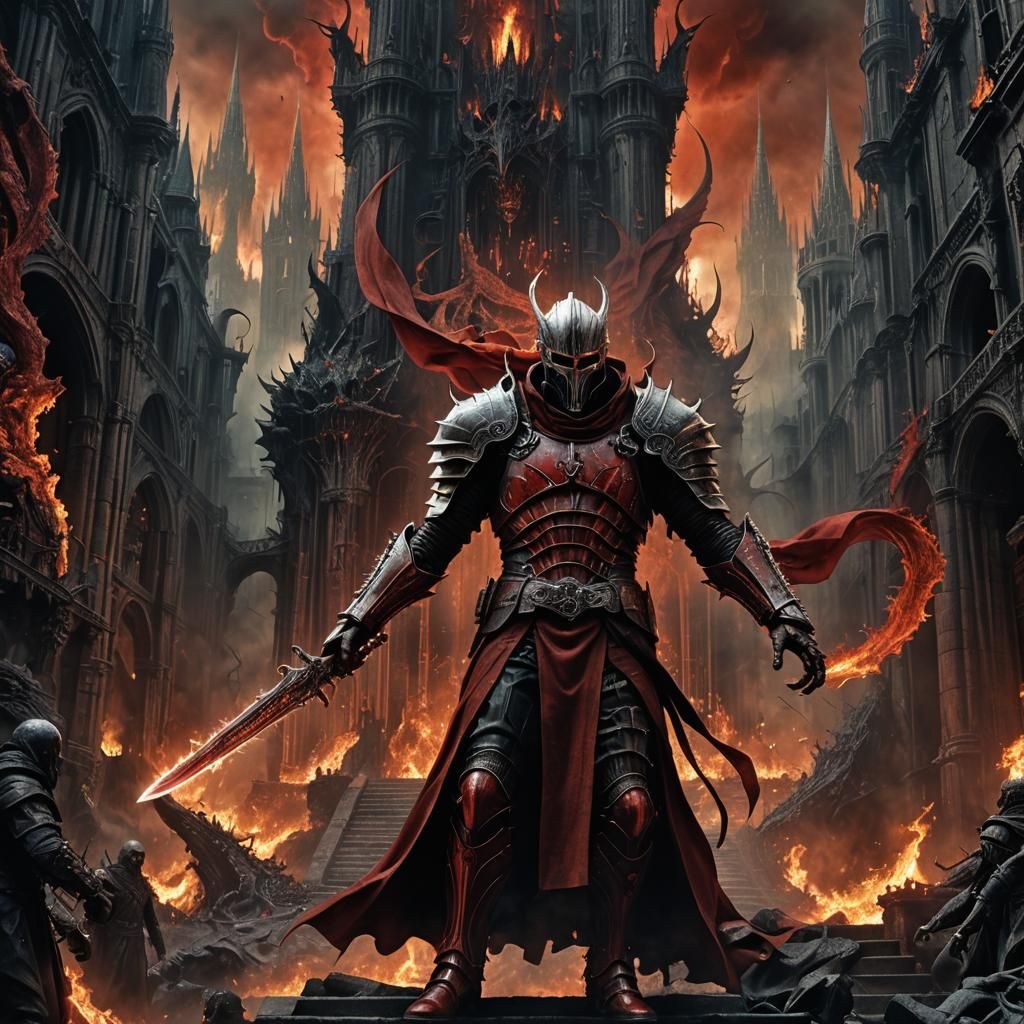 Dante in Hellish Gothic Dark Fantasy Landscape