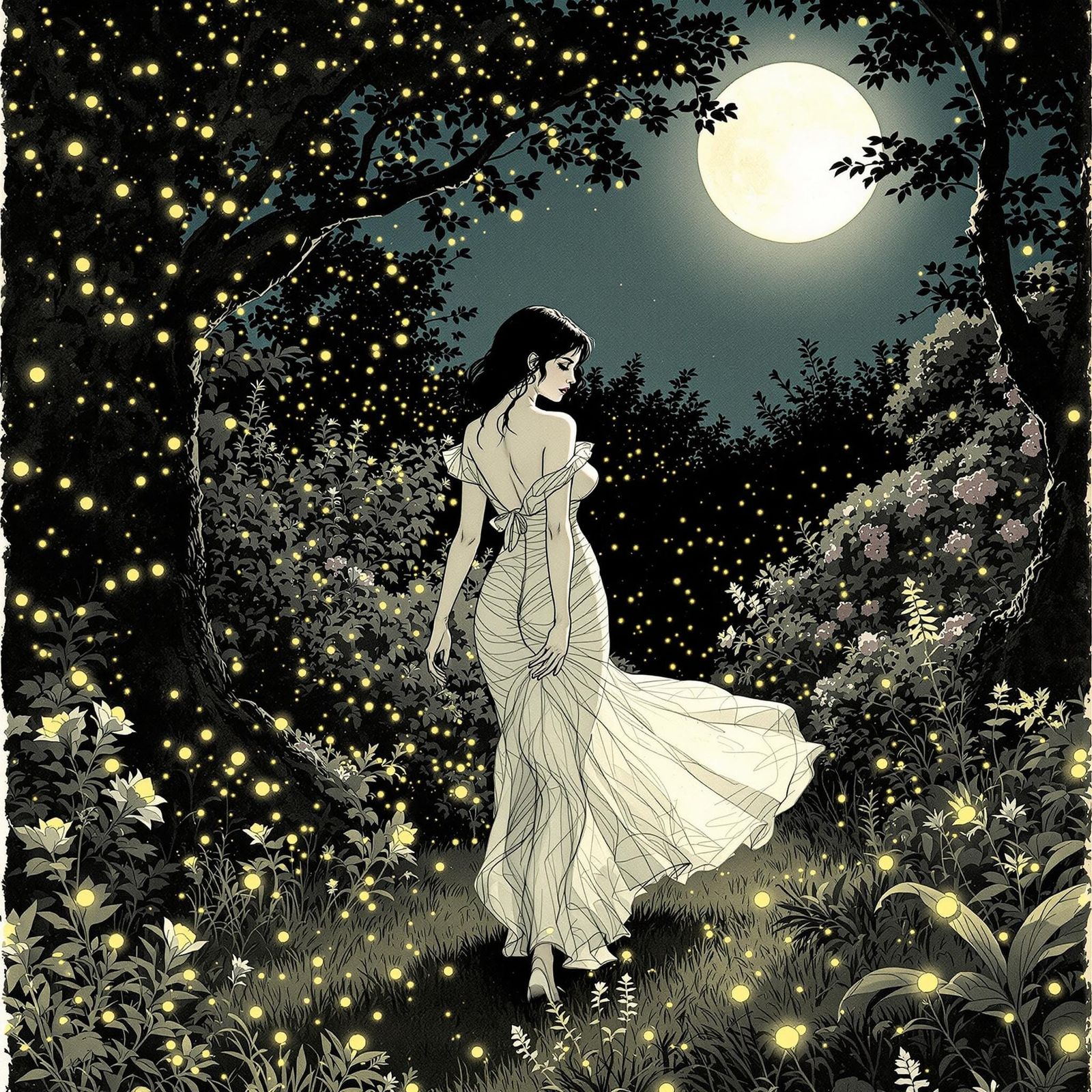 Lush Night Garden Scene with Sensual Woman and Fireflies in....