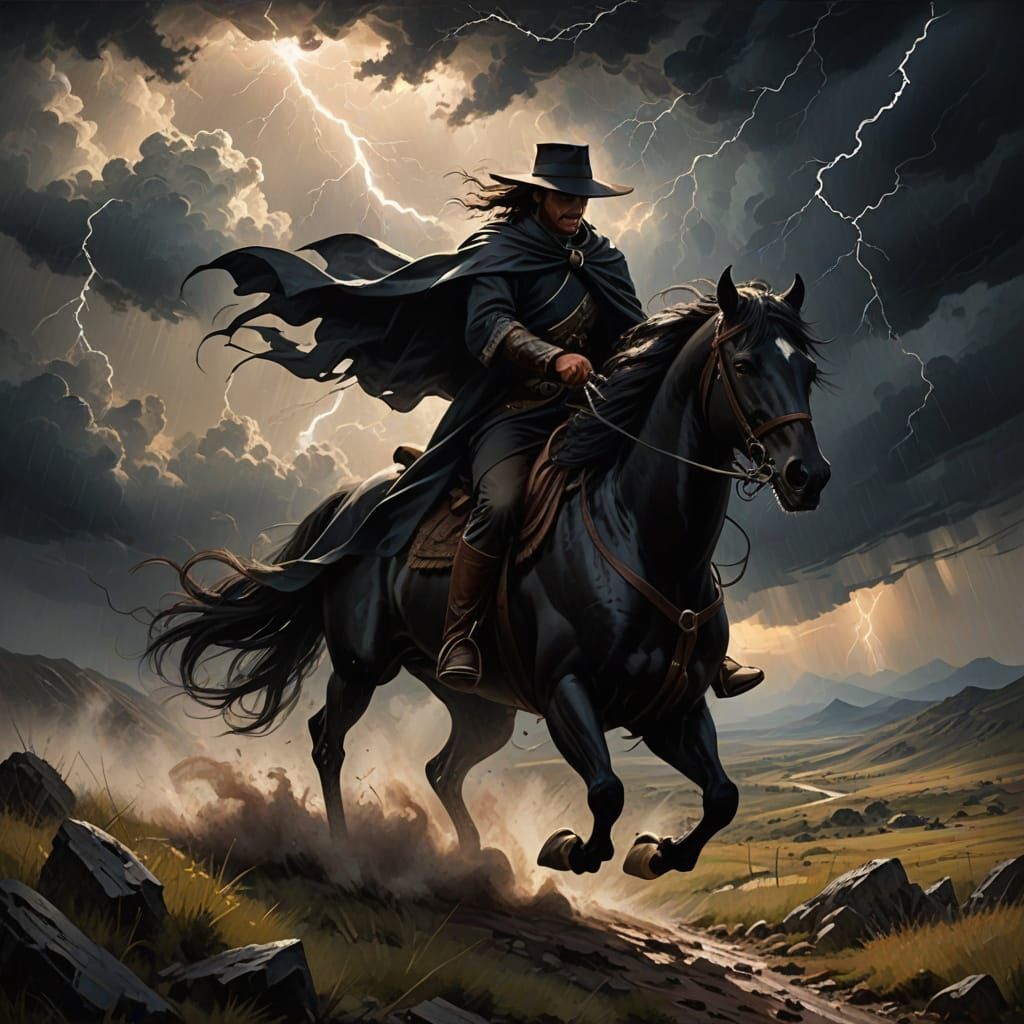 A lone storm rider on horseback