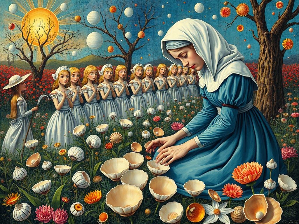 Surreal Garden Scene with Silver Bells and Shells