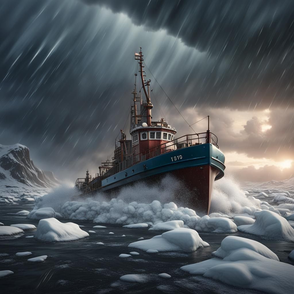 Tugboat Battles Icy Storm: Detailed Matte Painting
