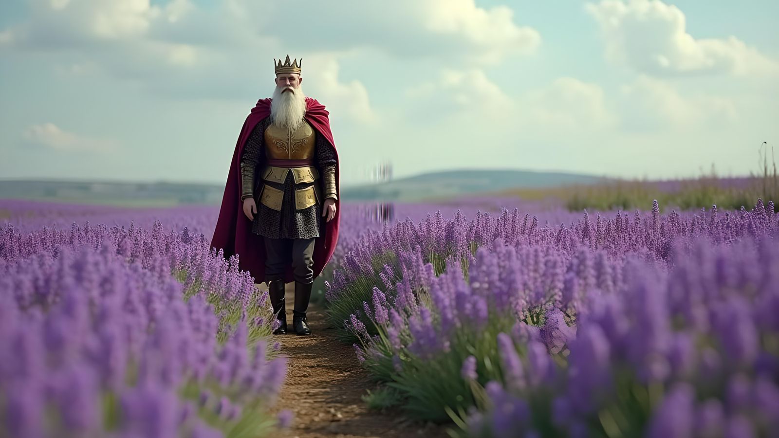 King Arthur in Violet Field: Photorealistic Art