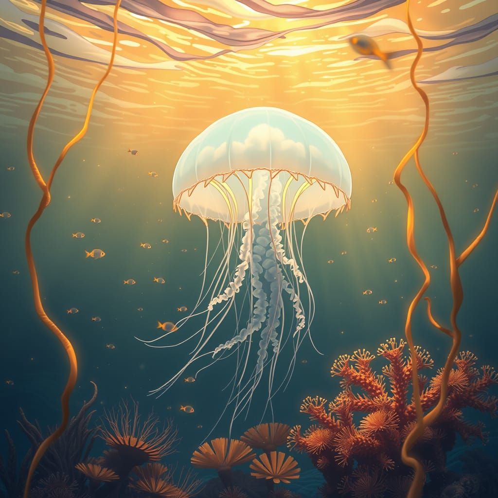 Glowing Jellyfish in Anime-Inspired Ocean Scene
