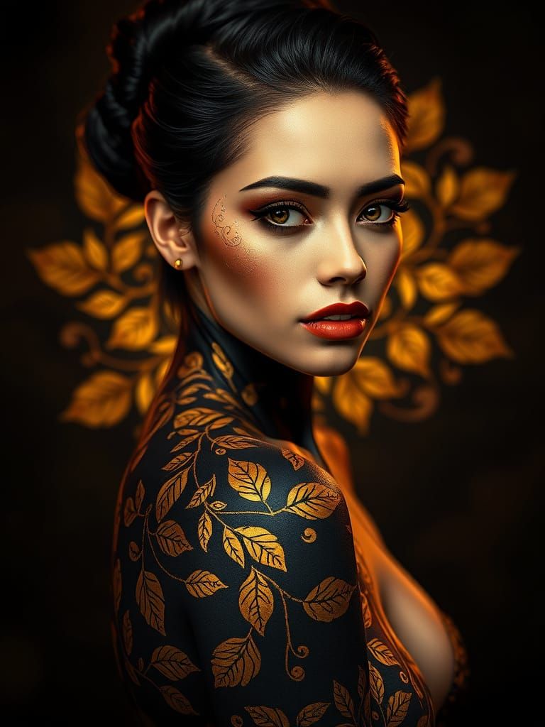 Elegant Woman in Gold and Black Body Art