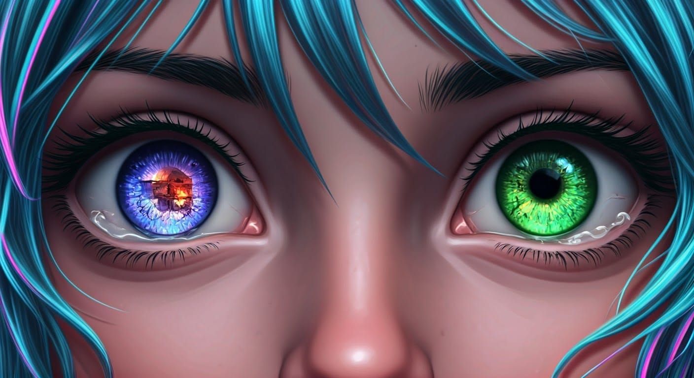 Ethereal Girl Elf Sees a Burning City in Her Tear-Stained Ey...