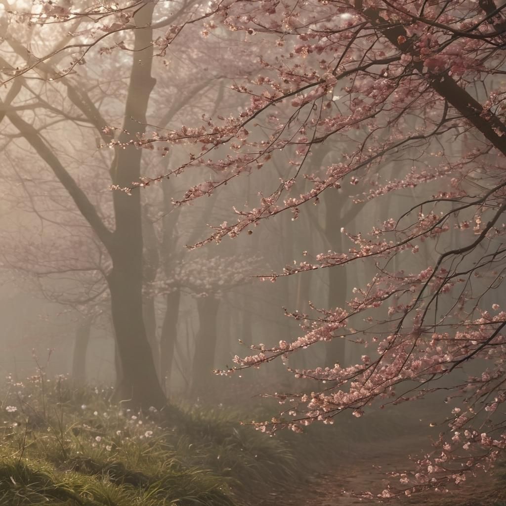 Cherry Blossoms Fall in Misty Forest