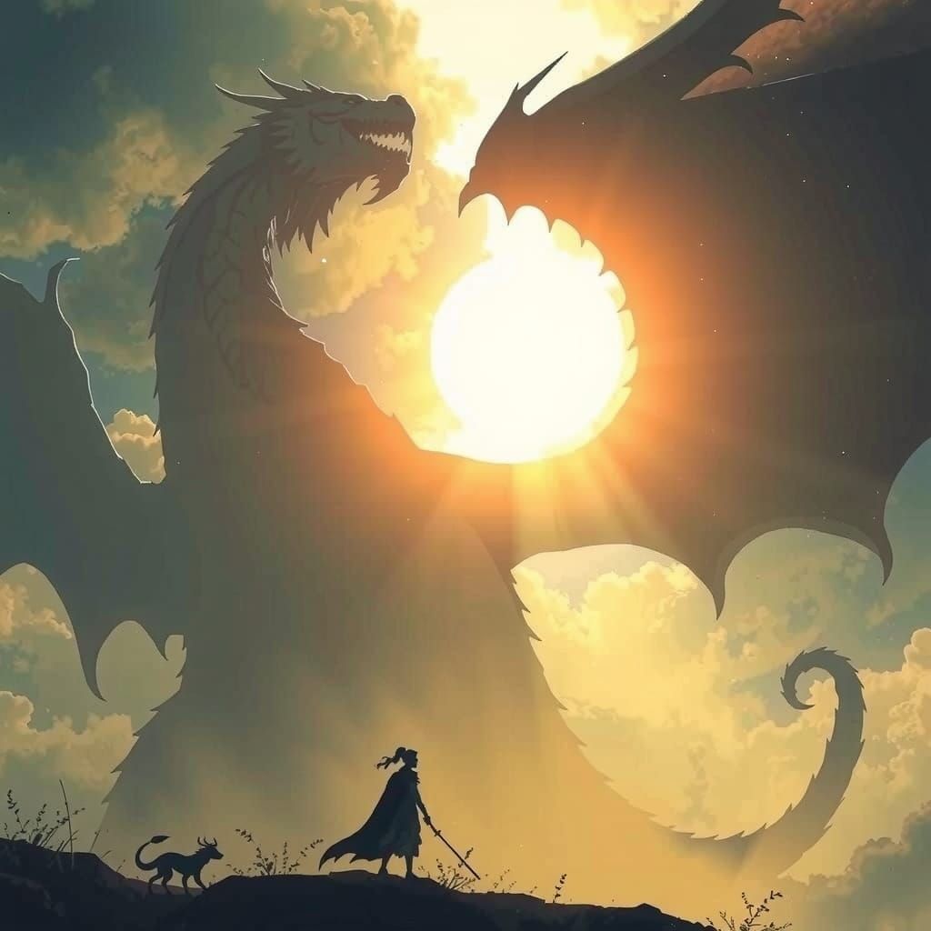 Fantasy Hero Faces Colossal Dragon Descending