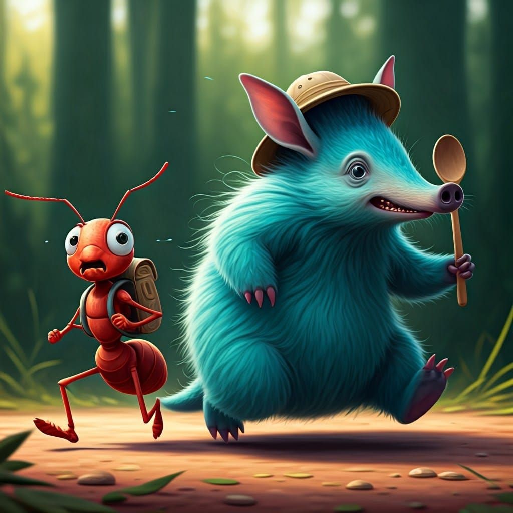Ant Running From Aardvark in Whimsical Style