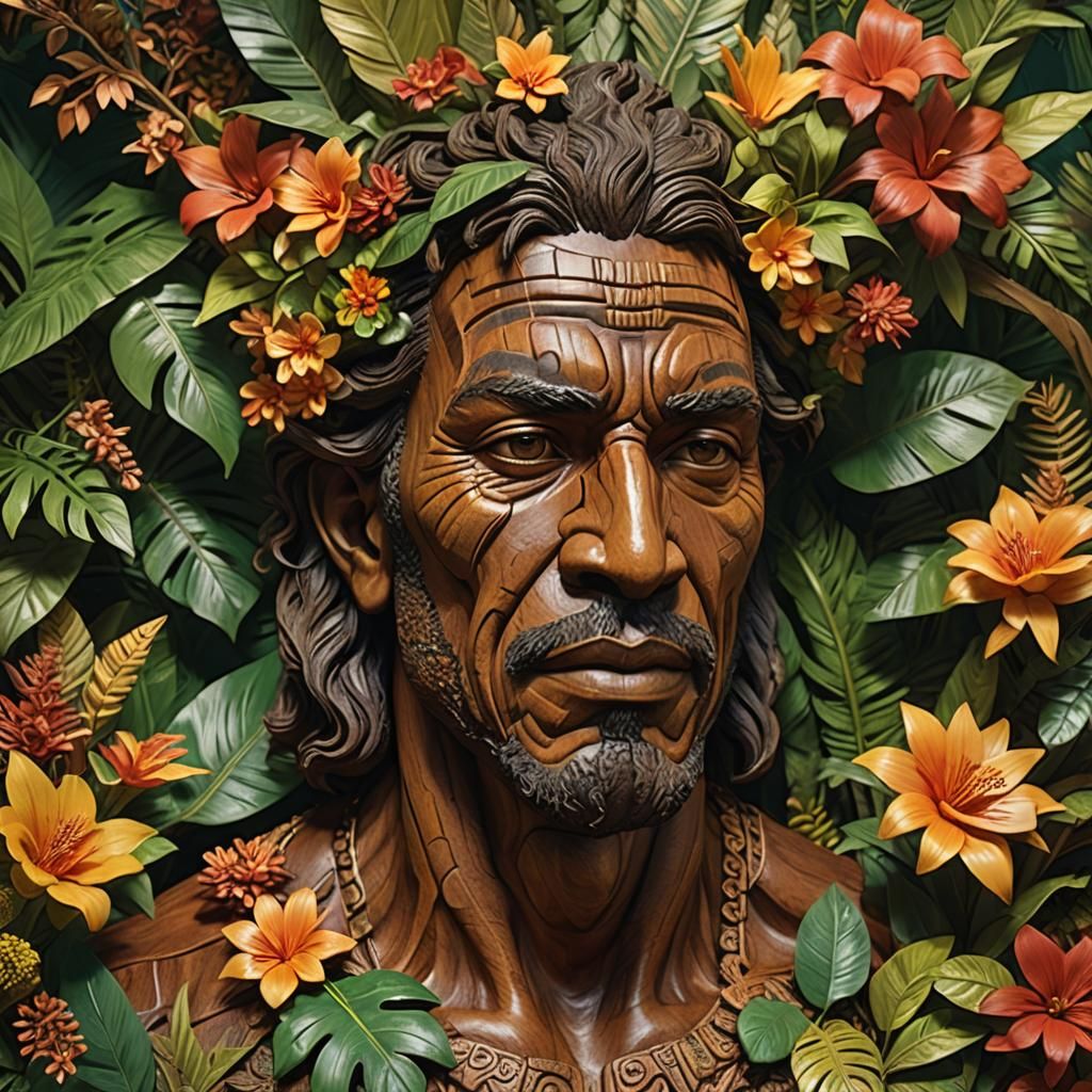 Amazonian Man Wood Sculpture in Hyperrealistic Concept Art