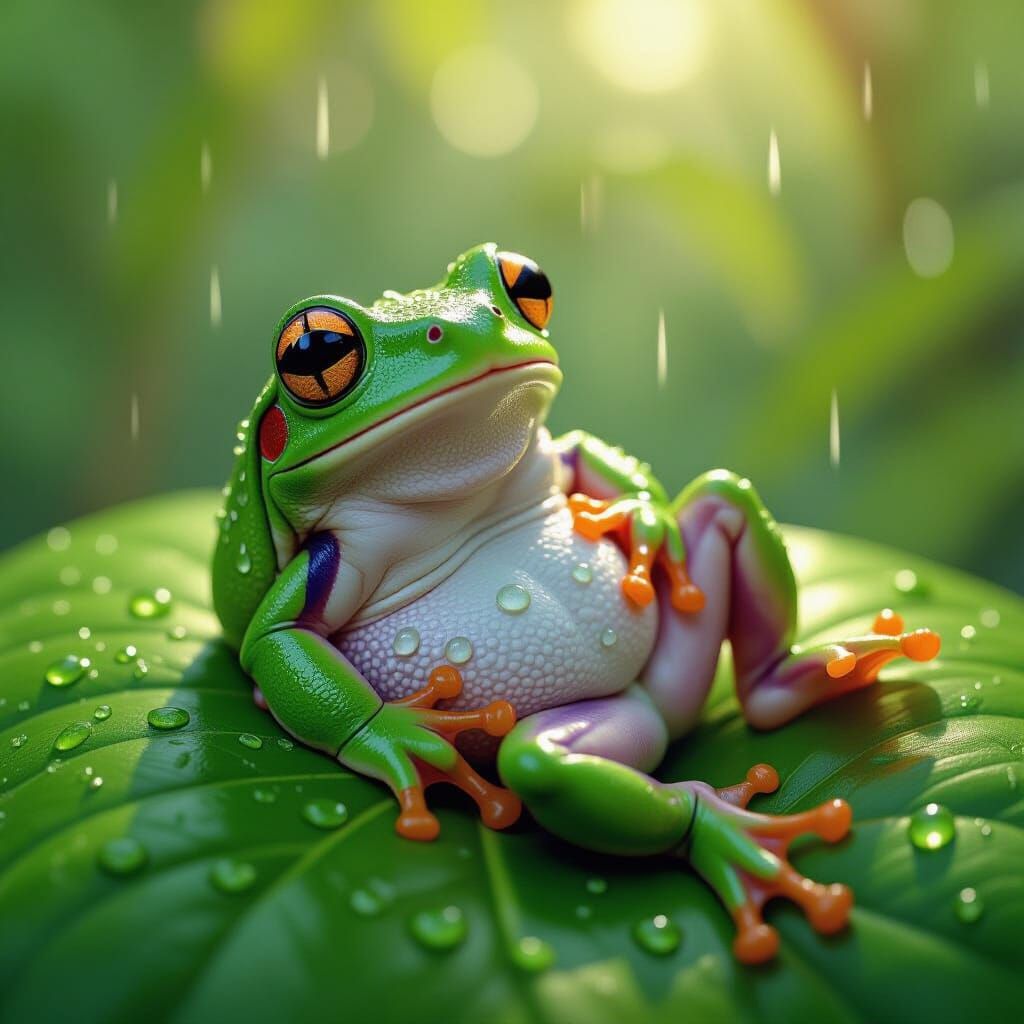 Green Tree Frog Reclining: Hyperrealistic Digital Art