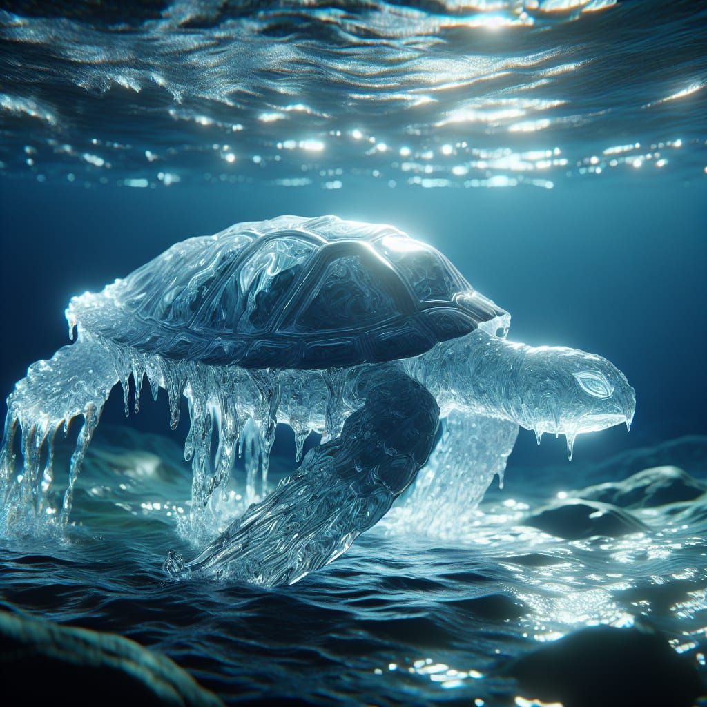 Ice Shell Turtle With Flowing Water and Glowing Reflections