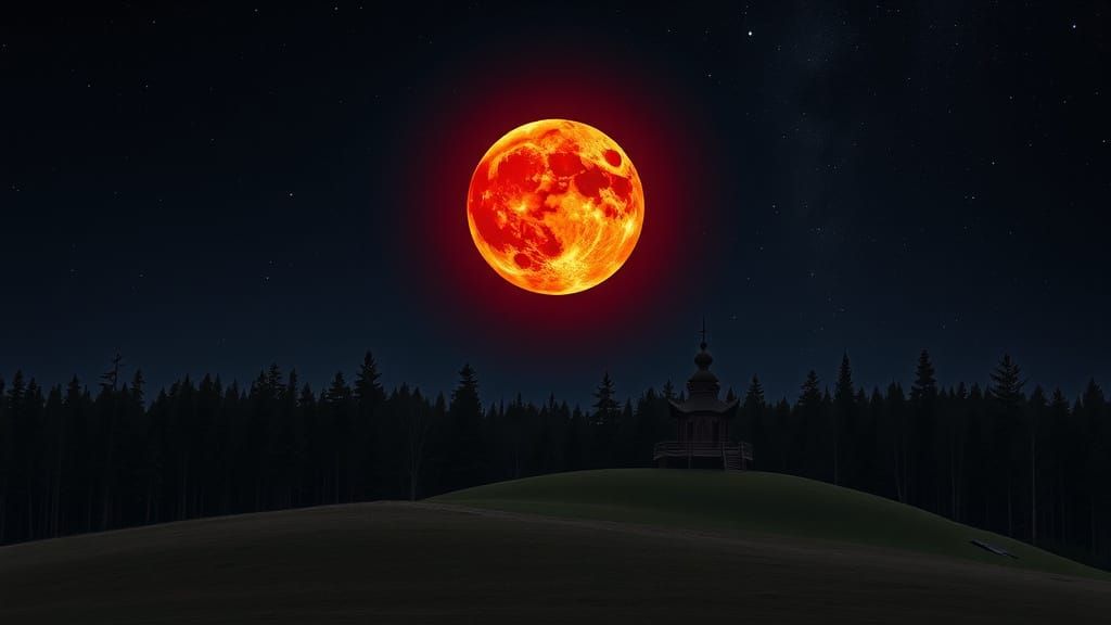 Blood Moon Over Russian Countryside Forest