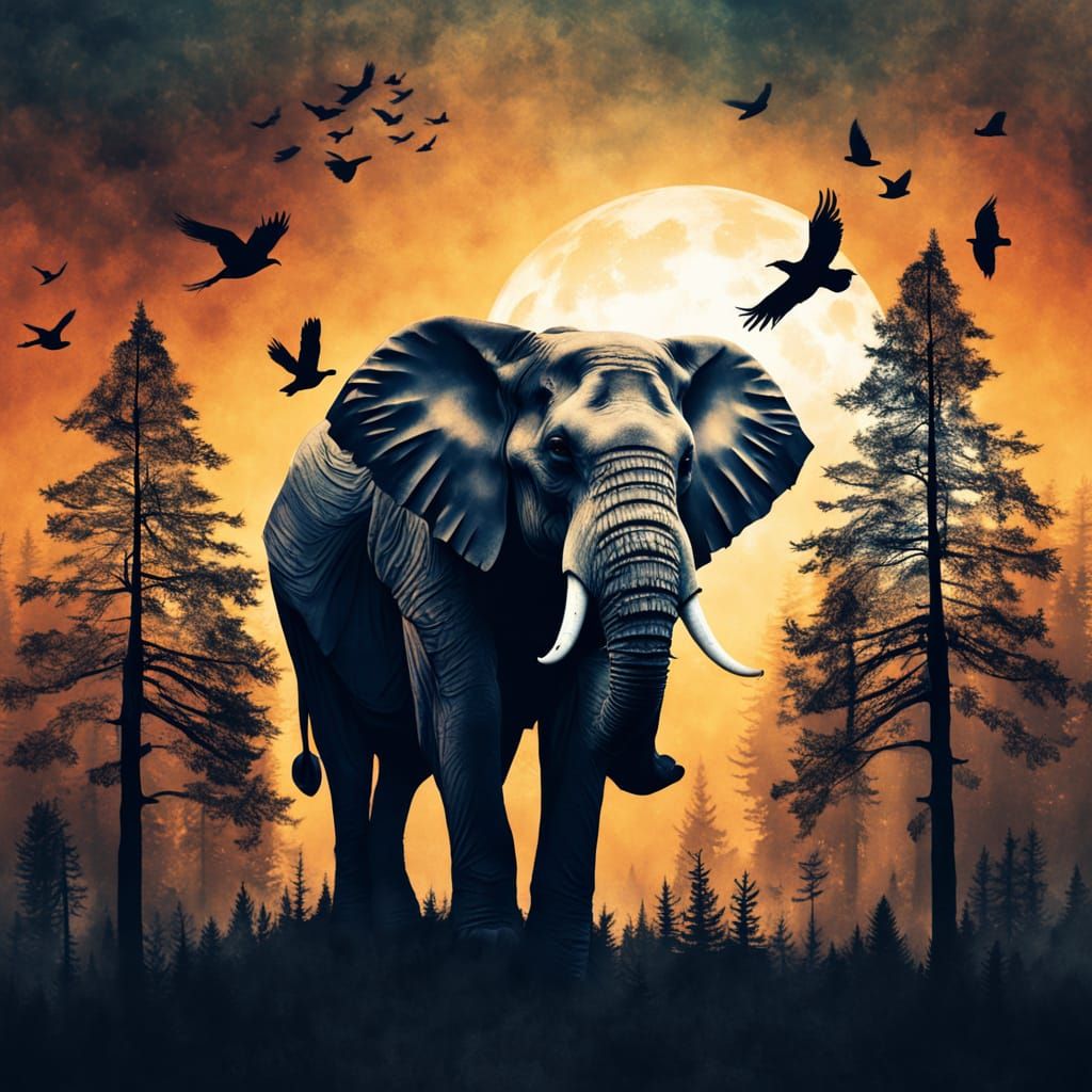 Elephant Silhouette Forest Sunset Double Exposure Art