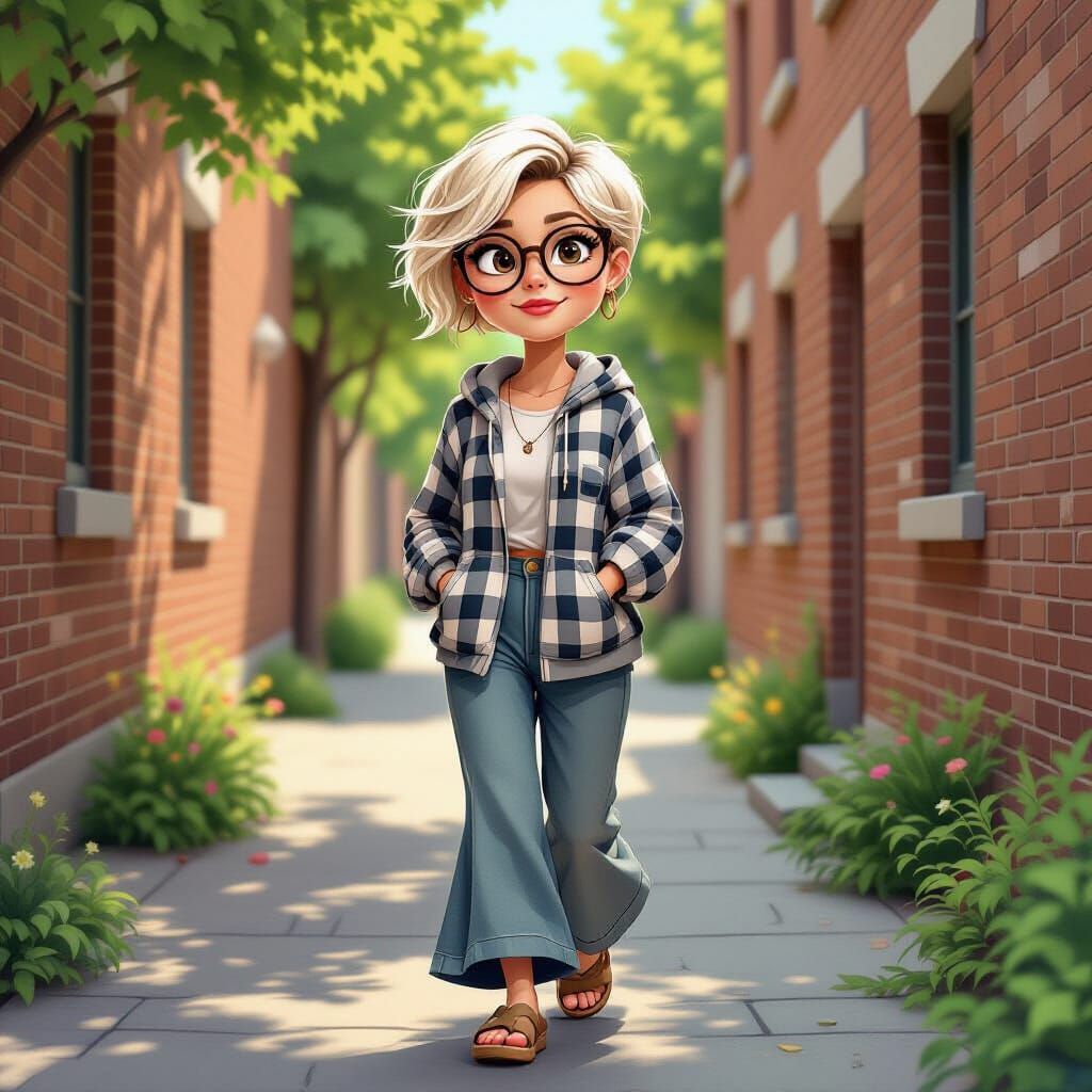 Stylish Woman Strolling Through Park in Contour Drawing Styl...