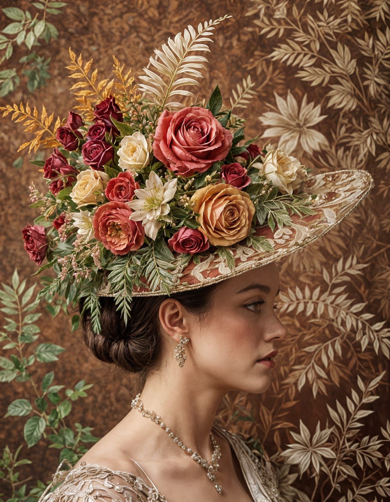 Elegant Woman's Profile with Ornate Floral Hat