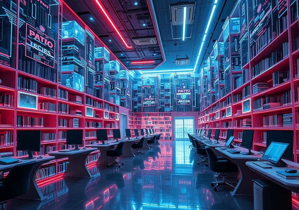 Neon-Lit Digital Library Inspired by Futuristic Art