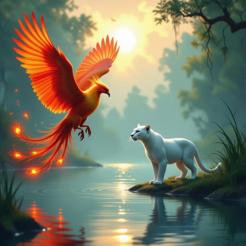 Firebird Phoenix Meets Water Panther in Ethereal Glow