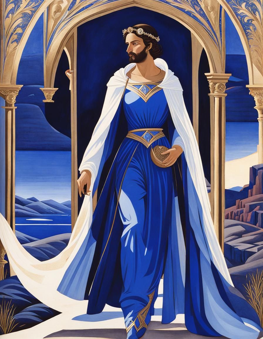 Elegant Man in Blue Landscape, Illuminated Manuscript Style