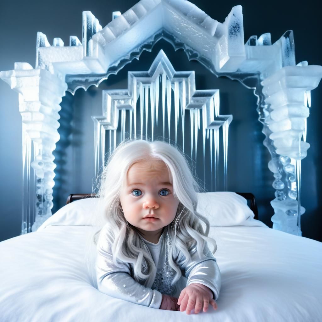 Icy Baby Portrait with Silver Hair and Sculptures