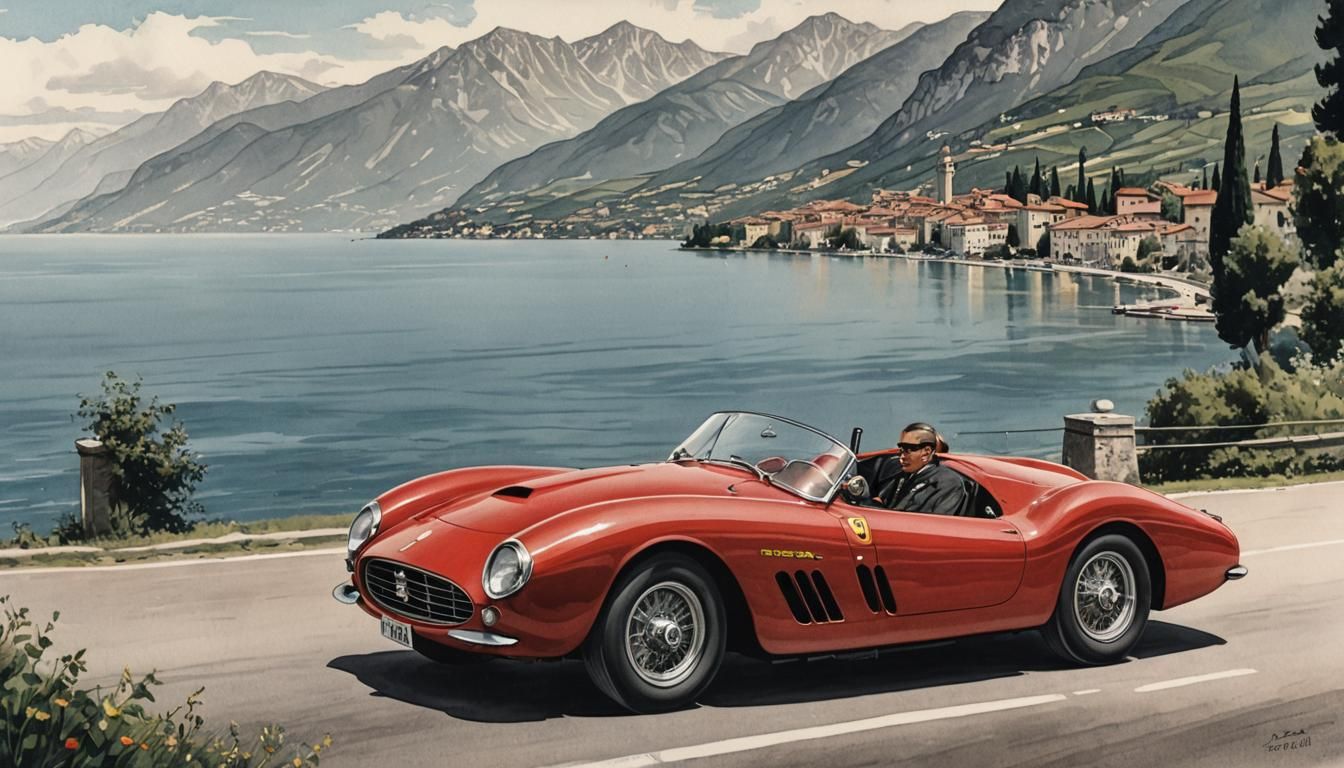 Red Ferrari 250 Testa Rossa on Lake Garda