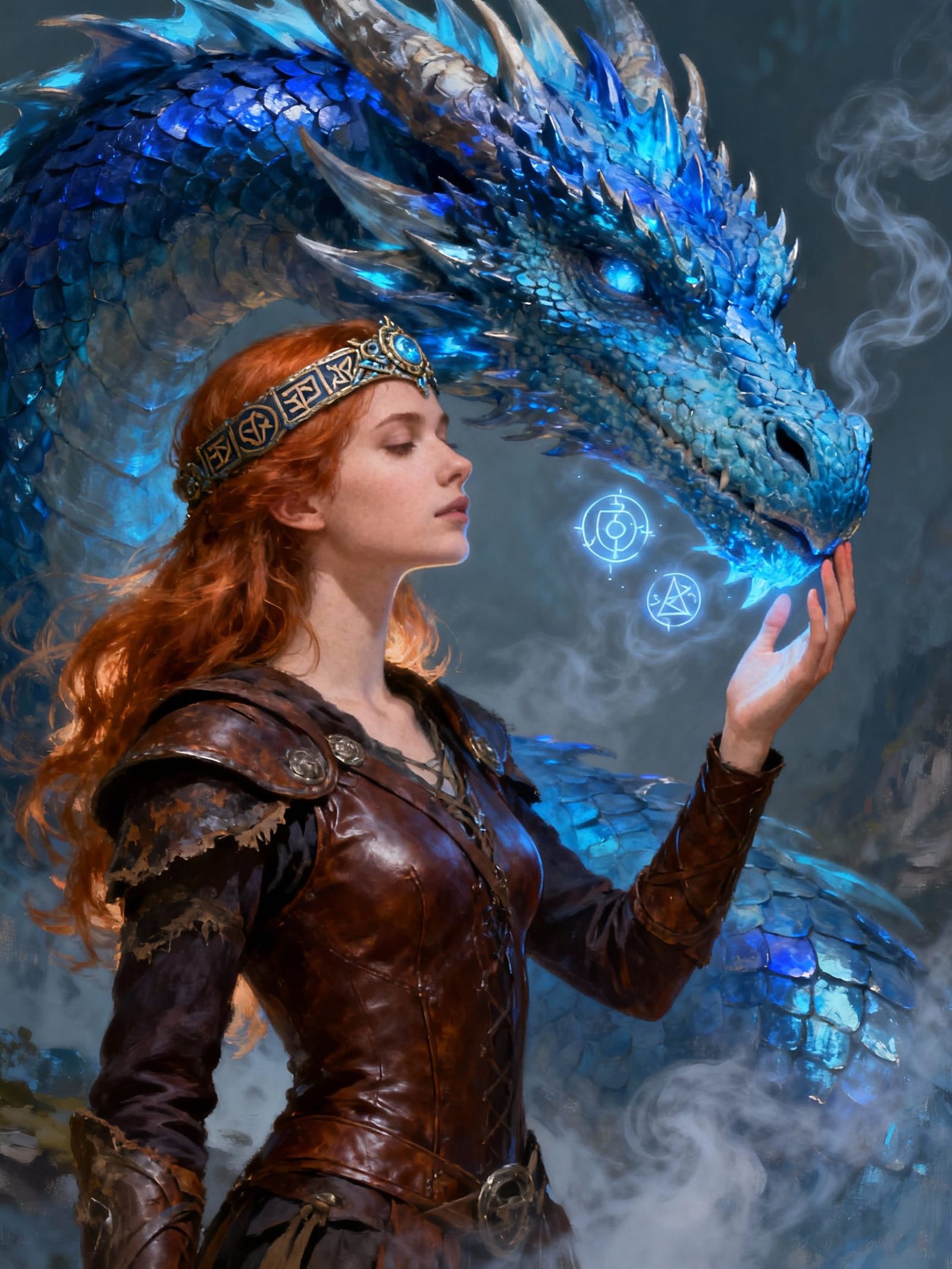 Woman and Blue Dragon Telepathic Bond Portrait