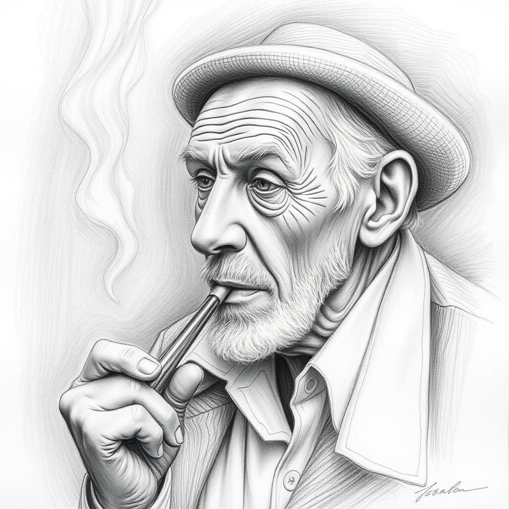 Detailed Pencil Drawing of Old Man Smoking