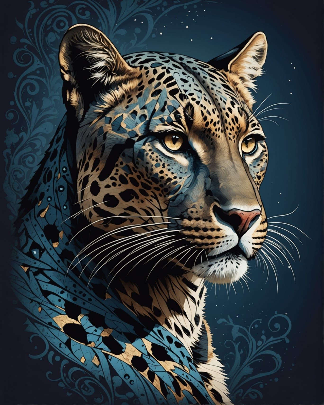 Black Space Cougar Illustration with Fractured Details