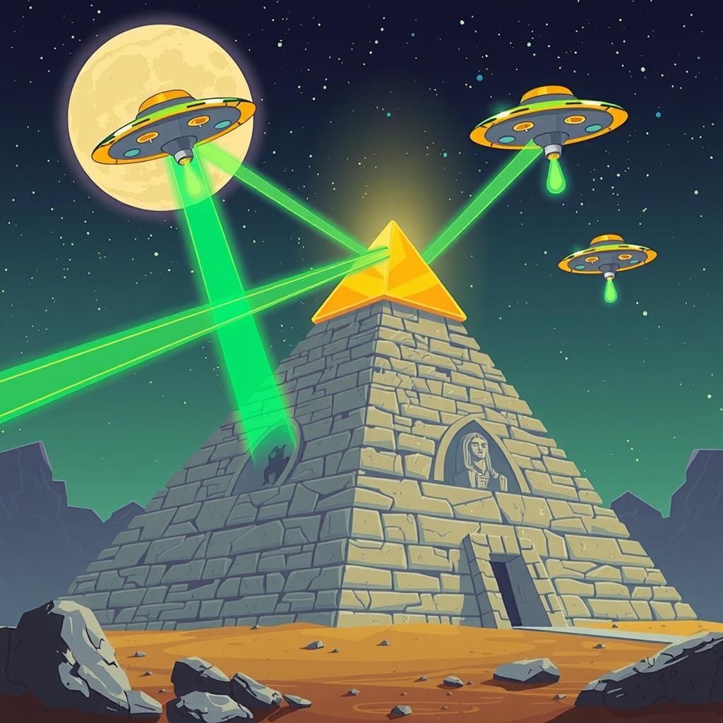 Aliens Build Pyramid Under Starry Night Sky