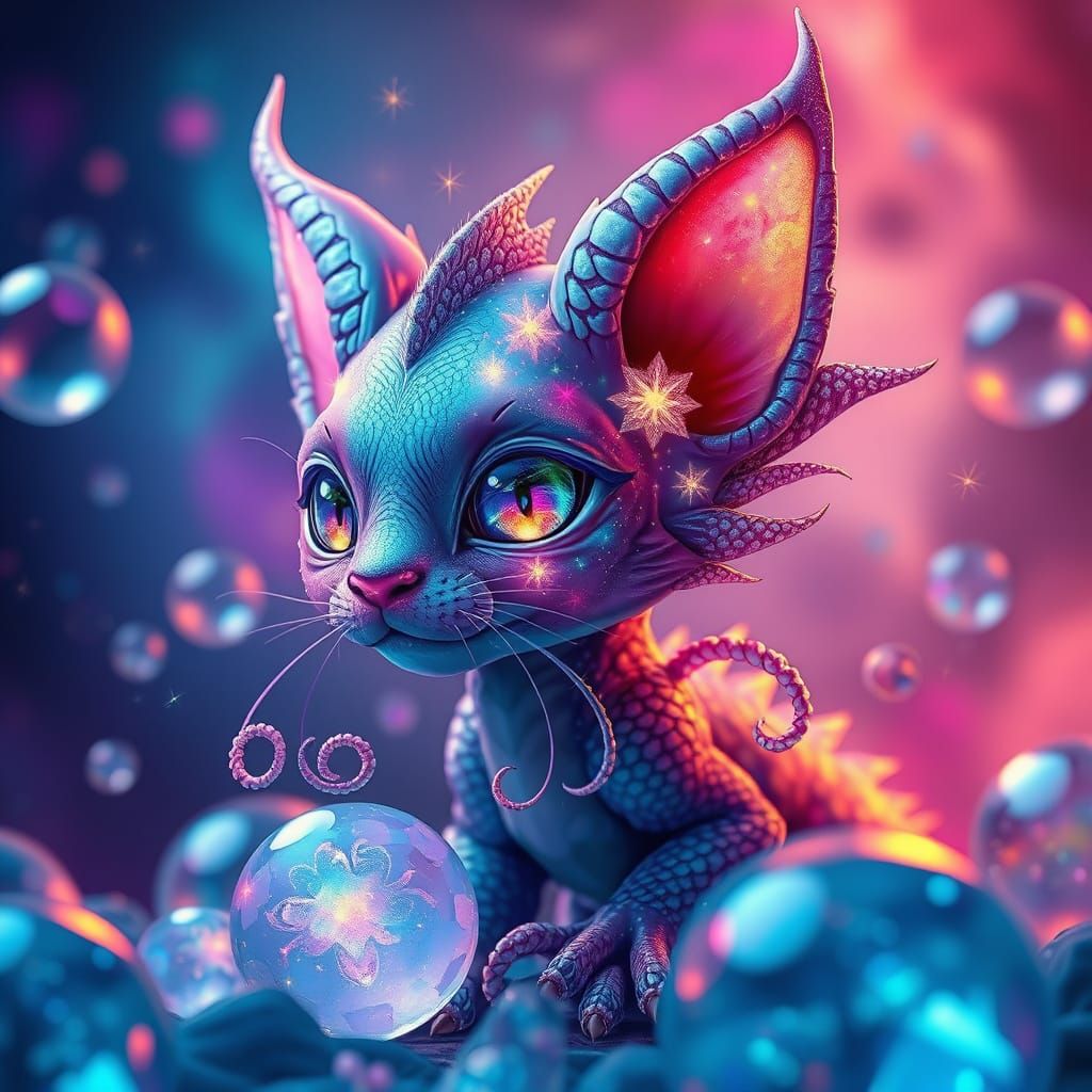 Celestial Feline-Dragon Pet in Surreal Galactic Environment