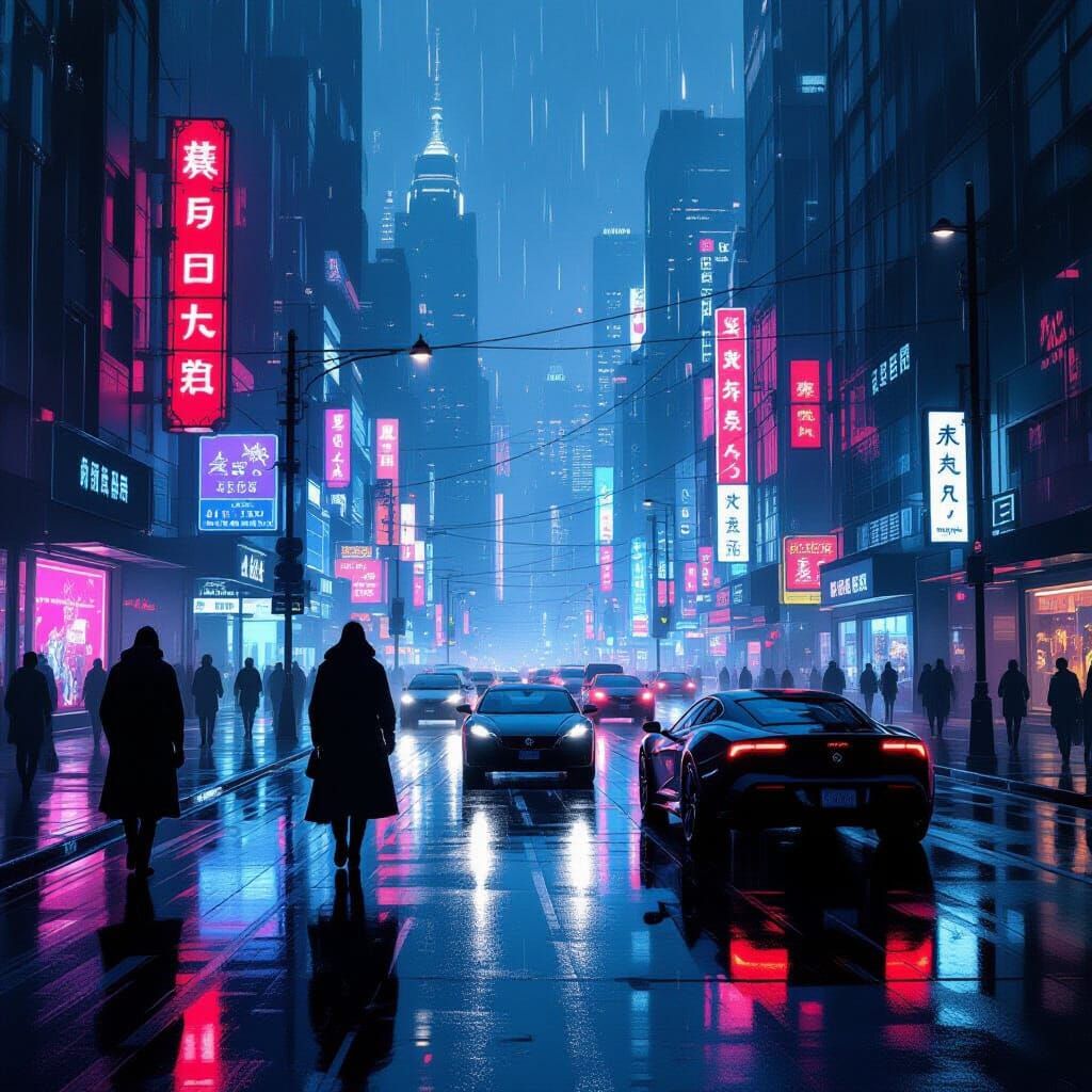 Rainy Cyberpunk Street Scene with Neon Reflections