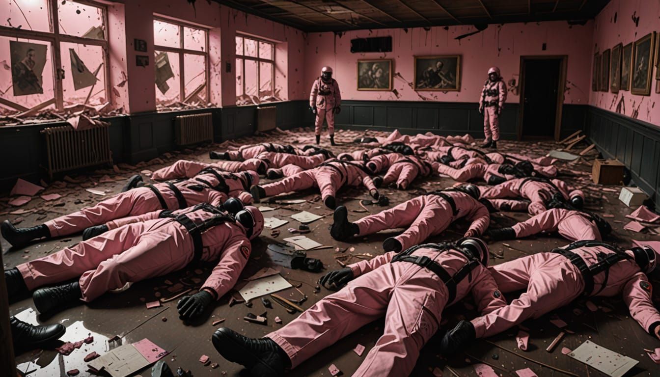 Gritty, Hyper-Realistic Scene of Chaos and Tragedy in a Pink...