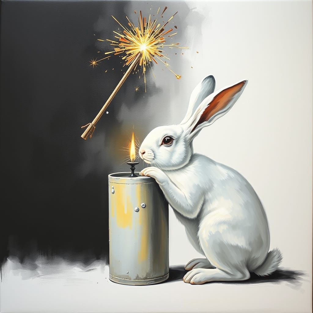 Whimsical Oil Painting of Elegant Bunny and Upside Down Cyli...