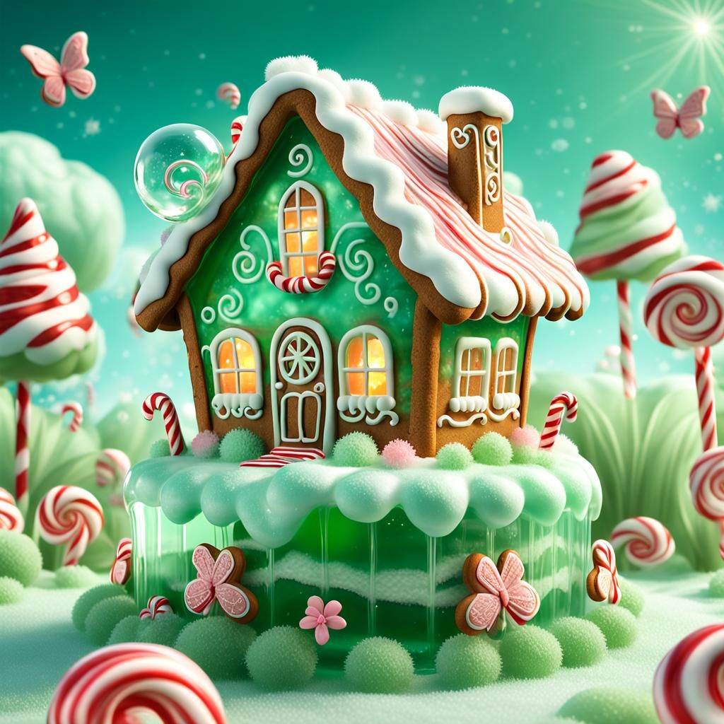 Whimsical Jello Gingerbread House in Digital Landscape