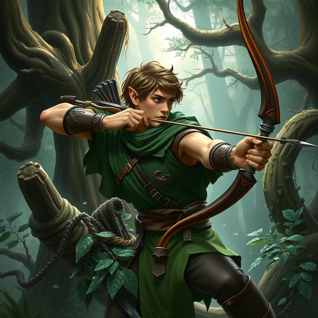 Elf Archer in Enchanted Forest, Fantasy Art
