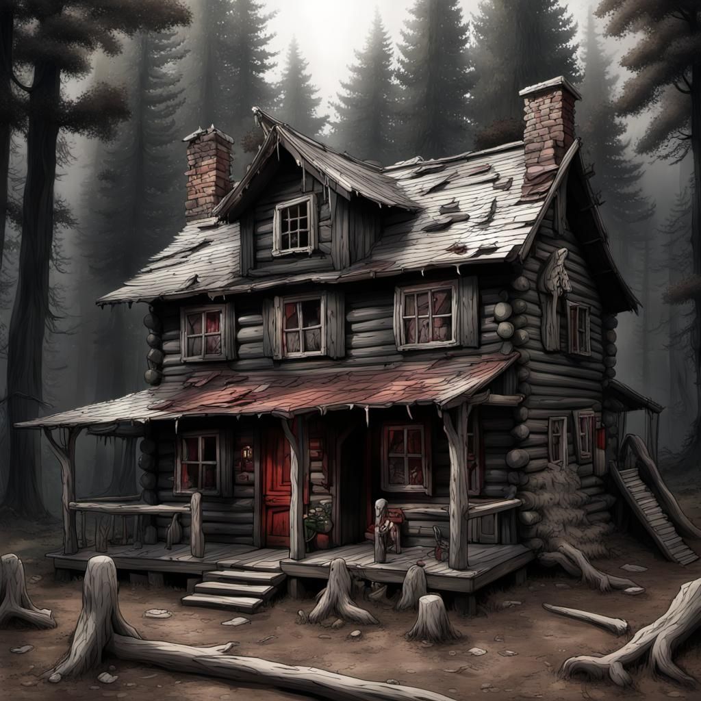 Scary Anime Log Cabin with Mythical Creatures