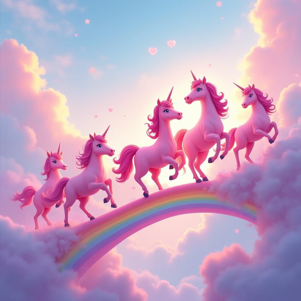 Fluffy Pink Unicorns Prance on Rainbow Bridge
