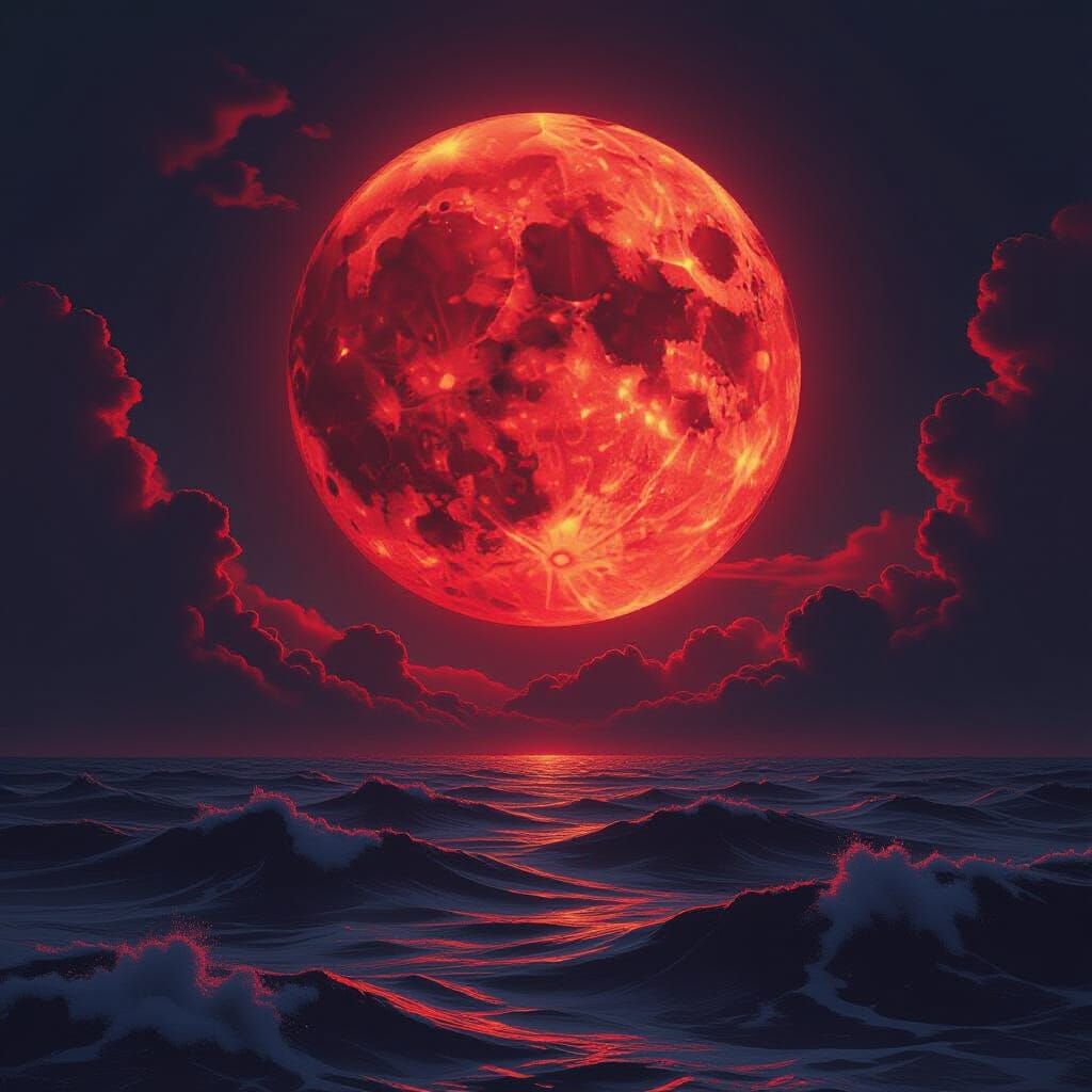 Colossal Red Moon Rises Over Turbulent Sea, Metaphysical Art