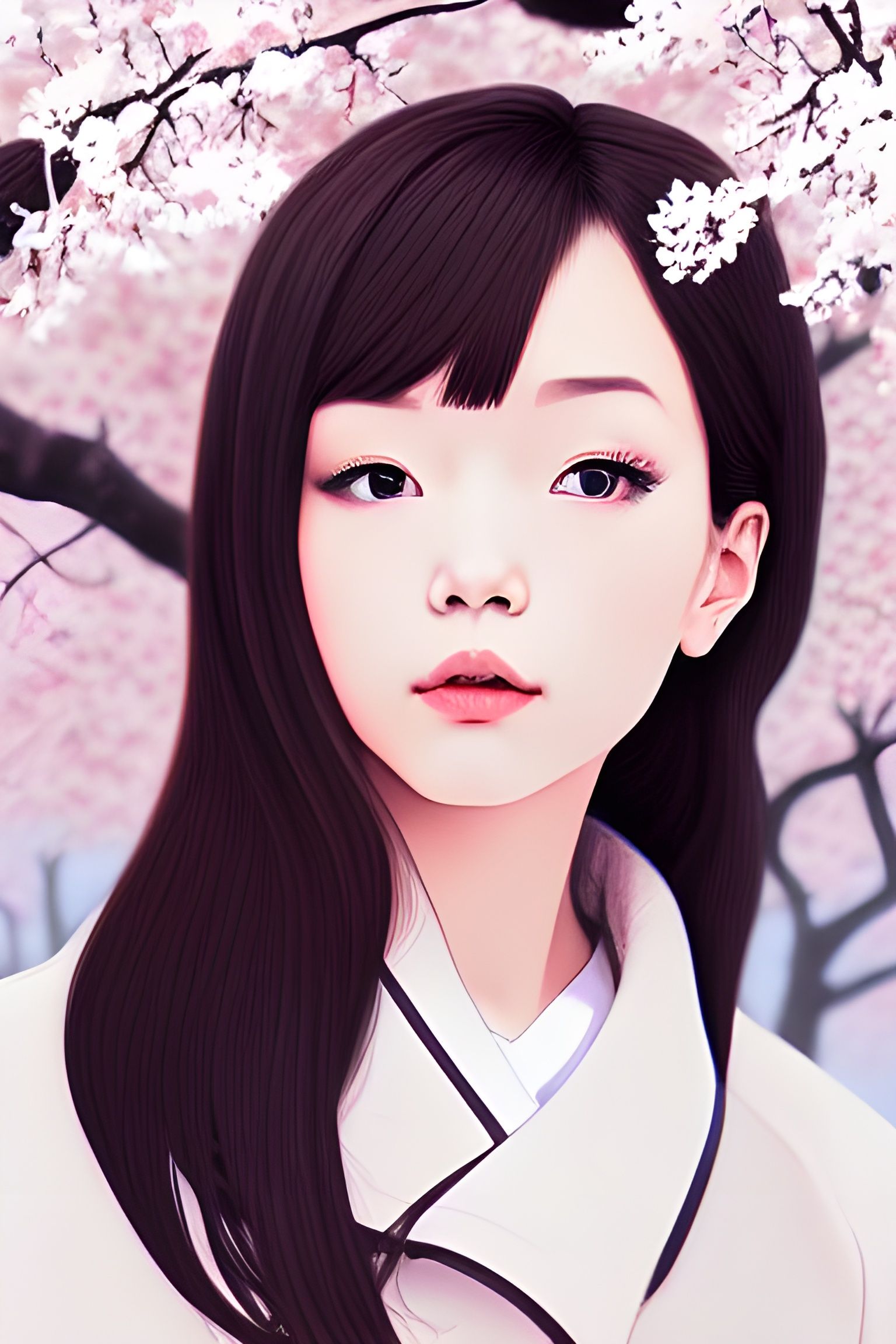 Asian Girl Portrait with Sakura, Detailed Illustration