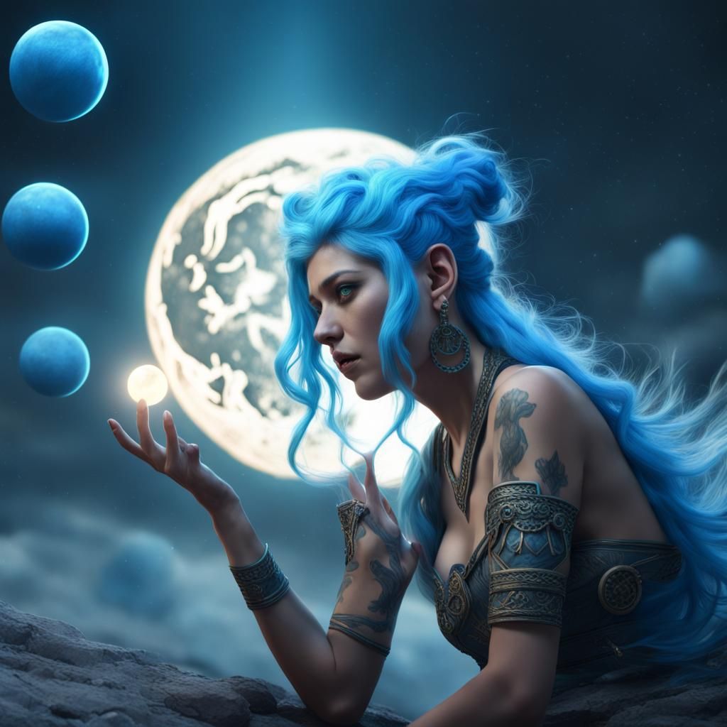 Blue-Haired Mage Conjuring Energy Under Moonlight