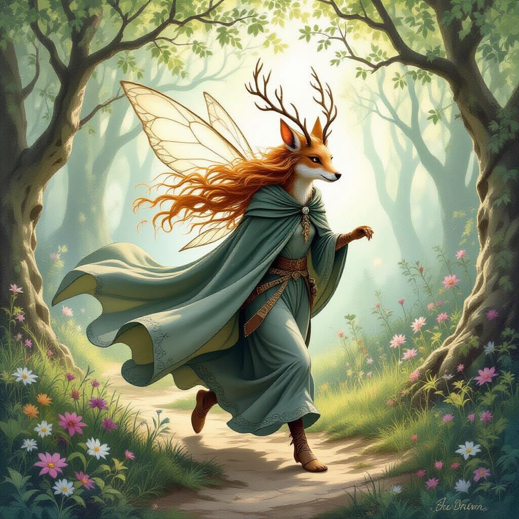 Fairy Hound Running Through Whimsical Forest