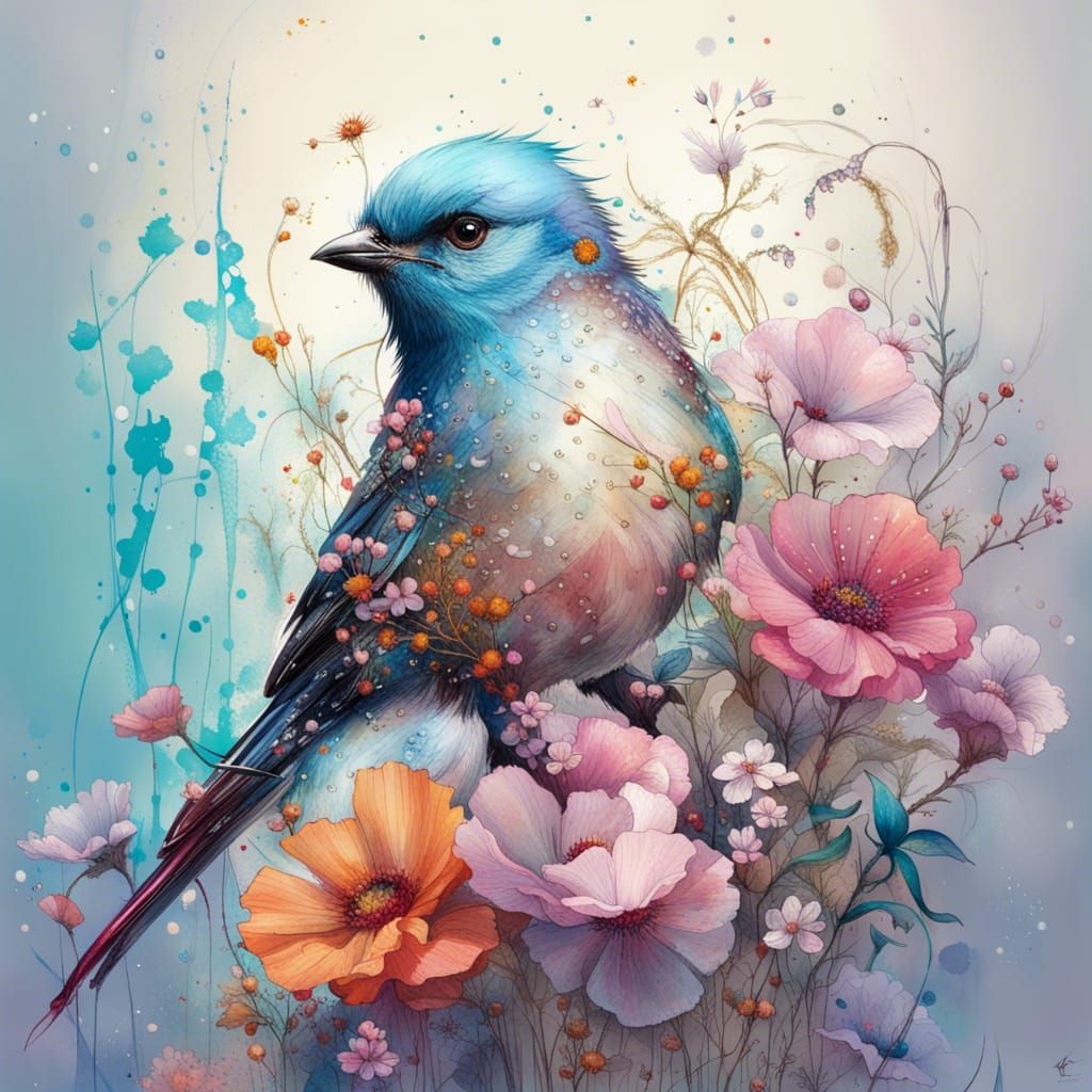 Whimsical Bird on Flowers in Digital Art Style
