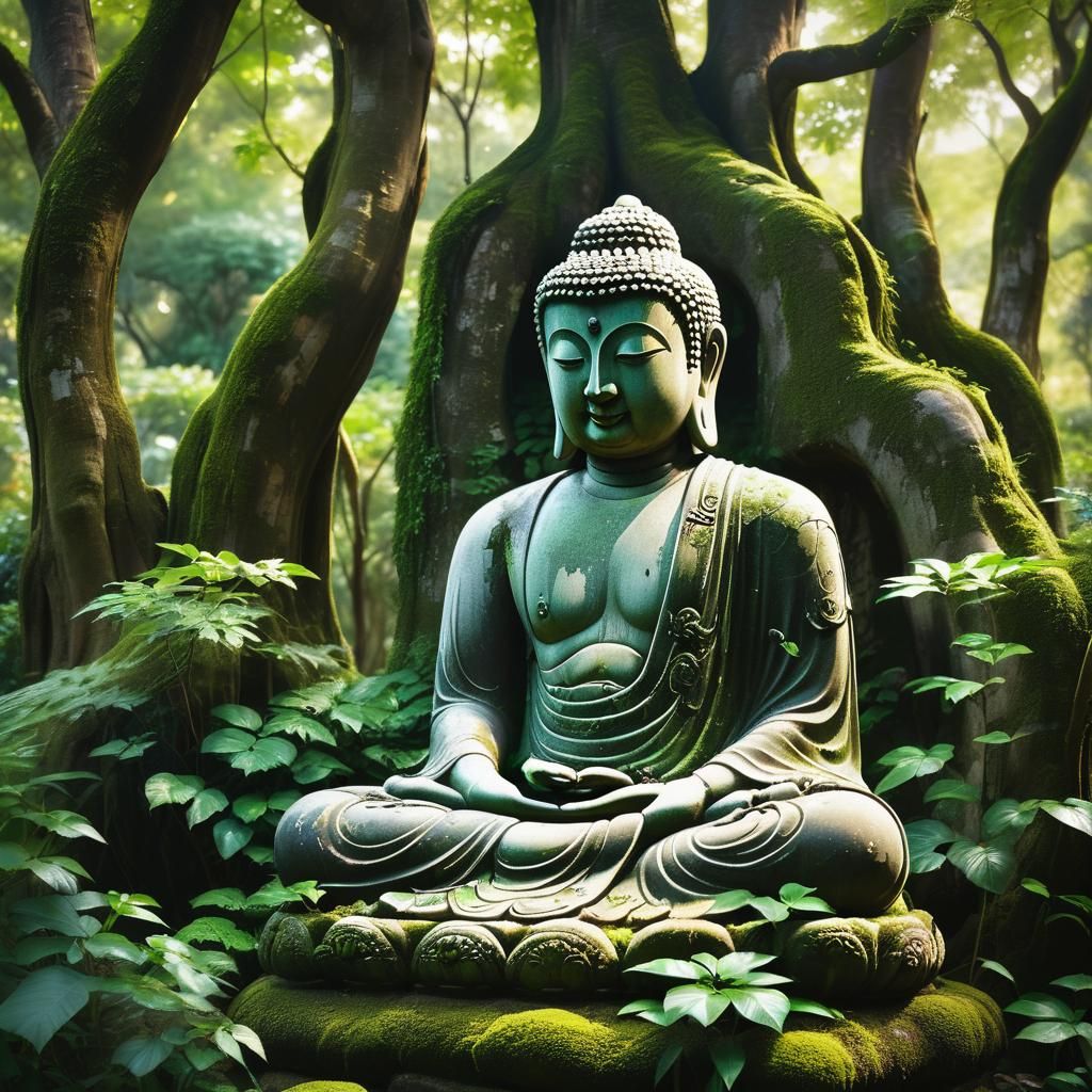 Serene Buddha in Lush Garden: Asian Art Style
