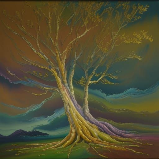 Expressive Oil Painting of a Tree Under Swirling Twilight Sk...