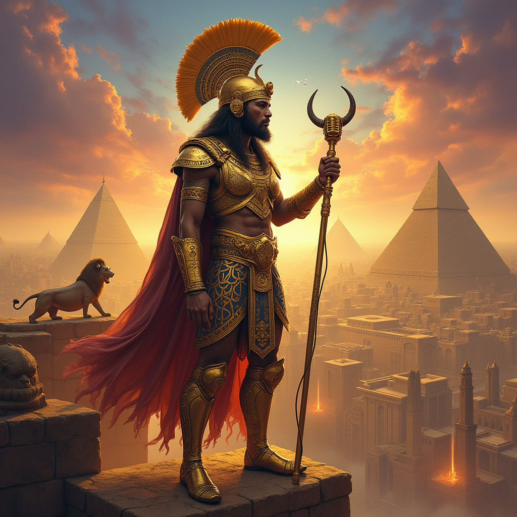 Mesopotamian Warrior-Rapper Over Babylon in Surreal Style
