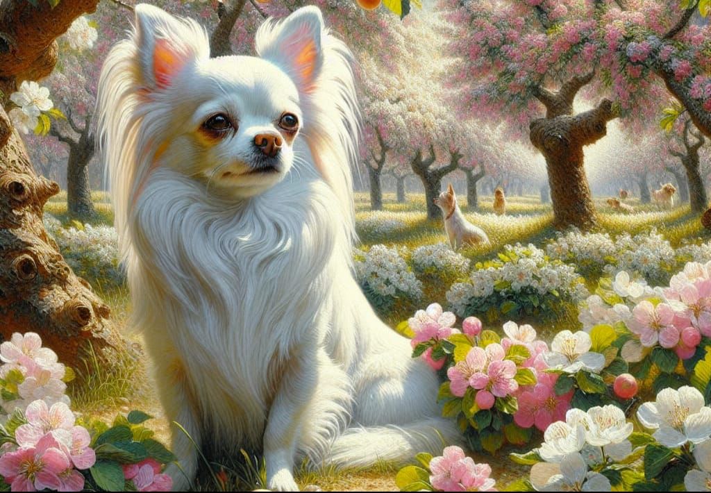 Chihuahua in Spring Orchard: Impressionist Gouache Painting