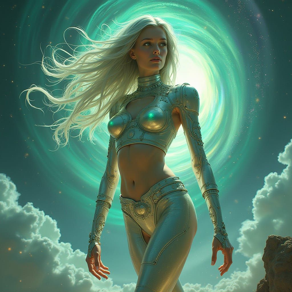 Majestic Cybernetic Goddess in Cosmic Vortex